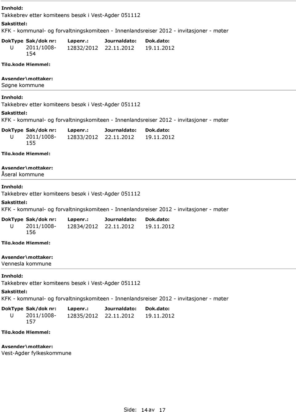 kommunal- og forvaltningskomiteen - nnenlandsreiser 2012 - invitasjoner - møter 156 12834/2012 Vennesla kommune KFK -