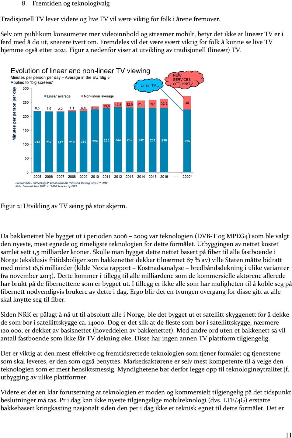 Fremdeles vil det være svært viktig for folk å kunne se live TV hjemme også etter 2021. Figur 2 nedenfor viser at utvikling av tradisjonell (lineær) TV.