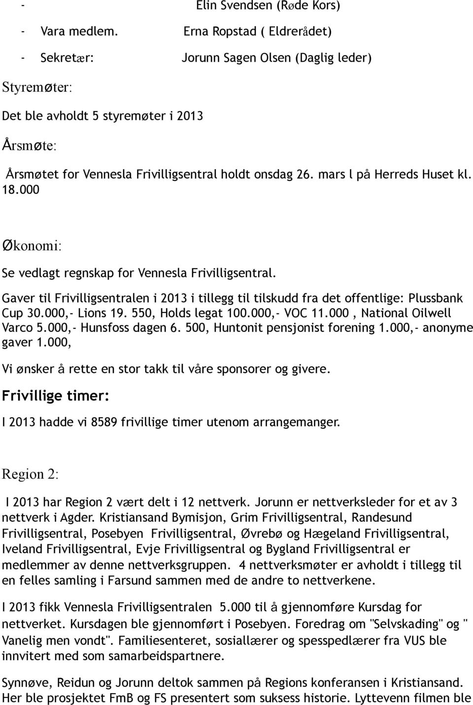 mars l på Herreds Huset kl. 18.000 Økonomi: Se vedlagt regnskap for Vennesla Frivilligsentral. Gaver til Frivilligsentralen i 2013 i tillegg til tilskudd fra det offentlige: Plussbank Cup 30.