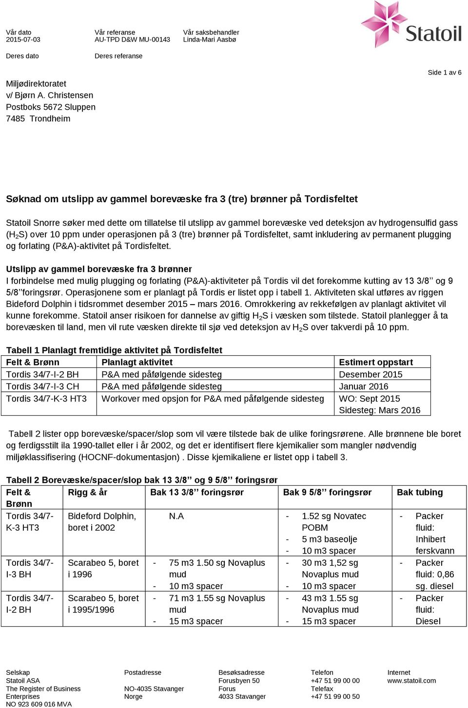 gammel borevæske ved deteksjon av hydrogensulfid gass (H 2 S) over 10 ppm under operasjonen på 3 (tre) brønner på Tordisfeltet, samt inkludering av permanent plugging og forlating (P&A)-aktivitet på