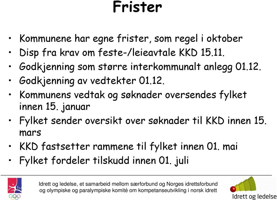 Godkjenning av vedtekter 01.12. Kommunens vedtak og søknader oversendes fylket innen 15.