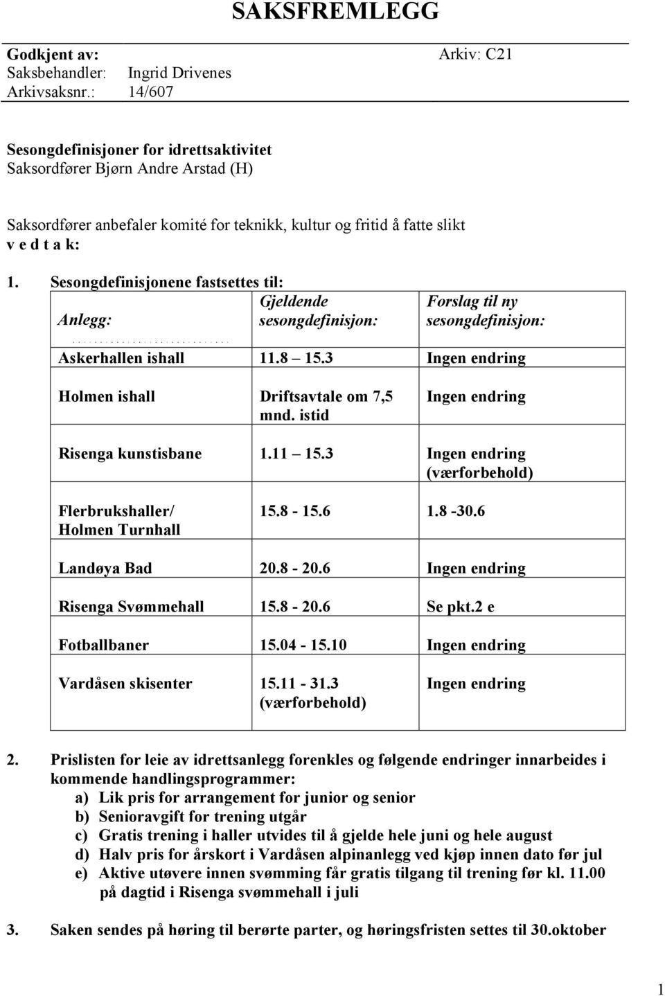 Sesongdefinisjonene fastsettes til: Gjeldende Anlegg: sesongdefinisjon: Forslag til ny sesongdefinisjon: Askerhallen ishall 11.8 15.3 Ingen endring Holmen ishall Driftsavtale om 7,5 mnd.