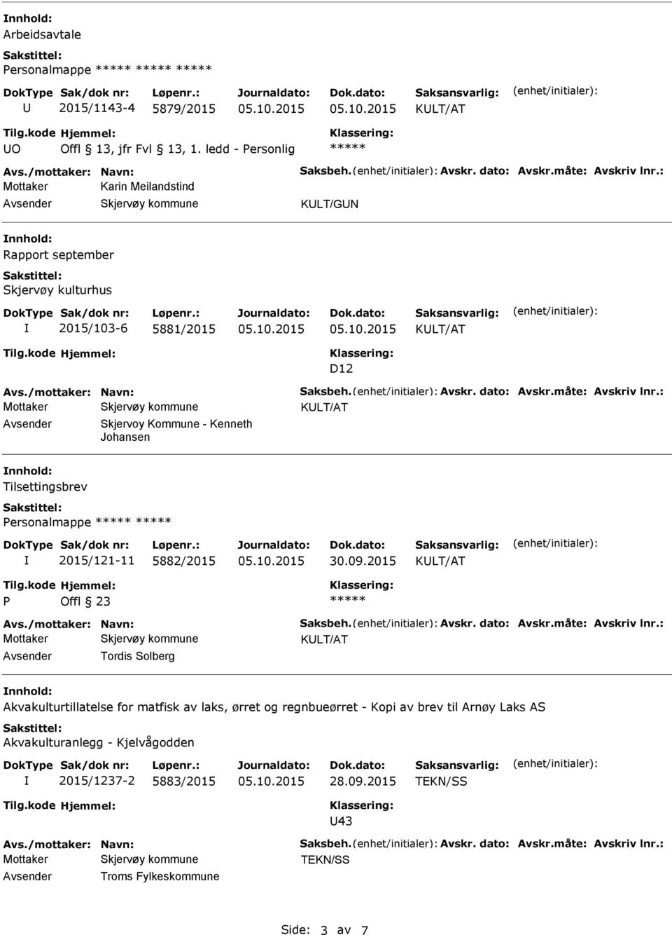 : vsender Skjervoy Kommune - Kenneth Johansen nnhold: ersonalmappe 2015/121-11 5882/2015 30.09.2015 vs./mottaker: Navn: Saksbeh. vskr. dato: vskr.måte: vskriv lnr.