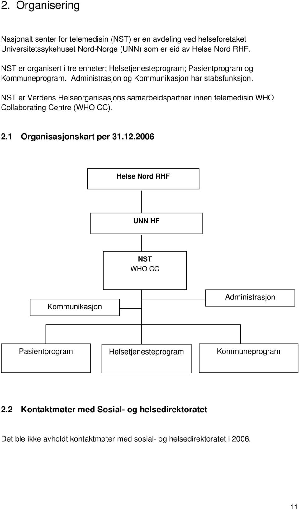 NST er Verdens Helseorganisasjons samarbeidspartner innen telemedisin WHO Collaborating Centre (WHO CC). 2.1 Organisasjonskart per 31.12.