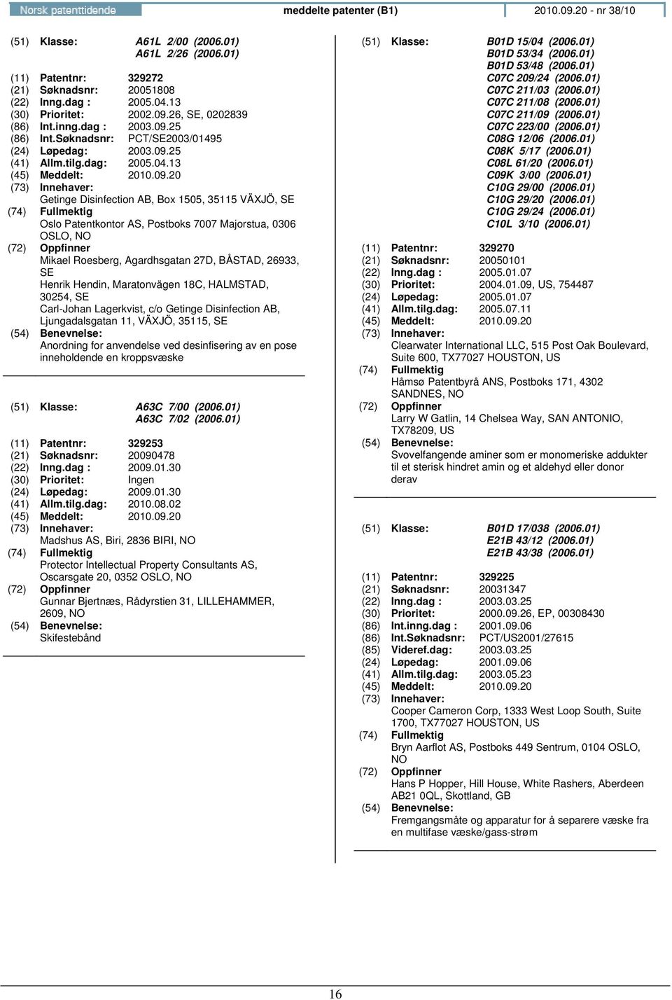 13 Getinge Disinfection AB, Box 1505, 35115 VÄXJÖ, SE Oslo Patentkontor AS, Postboks 7007 Majorstua, 0306 OSLO, Mikael Roesberg, Agardhsgatan 27D, BÅSTAD, 26933, SE Henrik Hendin, Maratonvägen 18C,