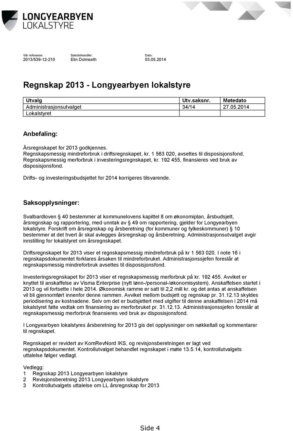 192 455, finansieres ved bruk av disposisjonsfond. Drifts- og investeringsbudsjettet for 2014 korrigeres tilsvarende.