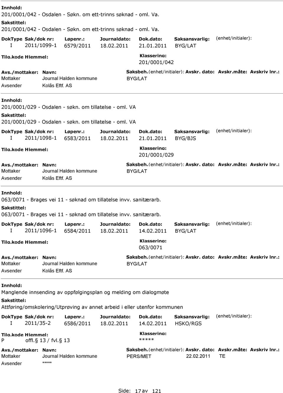 om tillatelse - oml. V 2011/1098-1 6583/2011 21.01.2011 BYG/BJS 201/0001/029 vs./mottaker: Navn: Saksbeh. vskr. dato: vskr.måte: vskriv lnr.: BYG/LT vsender Kolås Eftf.