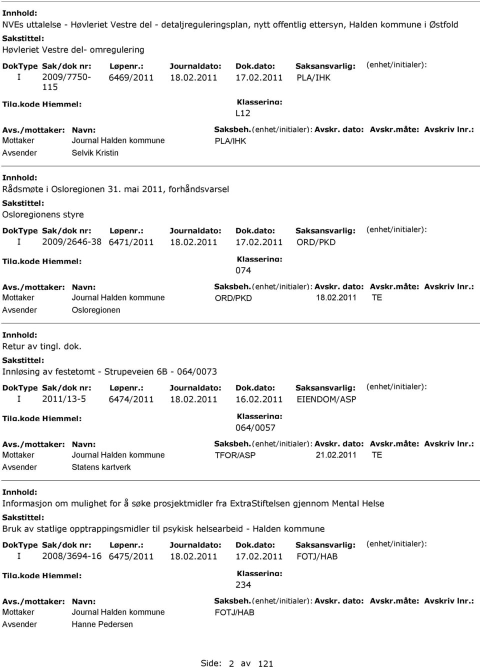 mai 2011, forhåndsvarsel Osloregionens styre 2009/2646-38 6471/2011 ORD/PKD 074 vs./mottaker: Navn: Saksbeh. vskr. dato: vskr.måte: vskriv lnr.: ORD/PKD TE vsender Osloregionen nnhold: Retur av tingl.