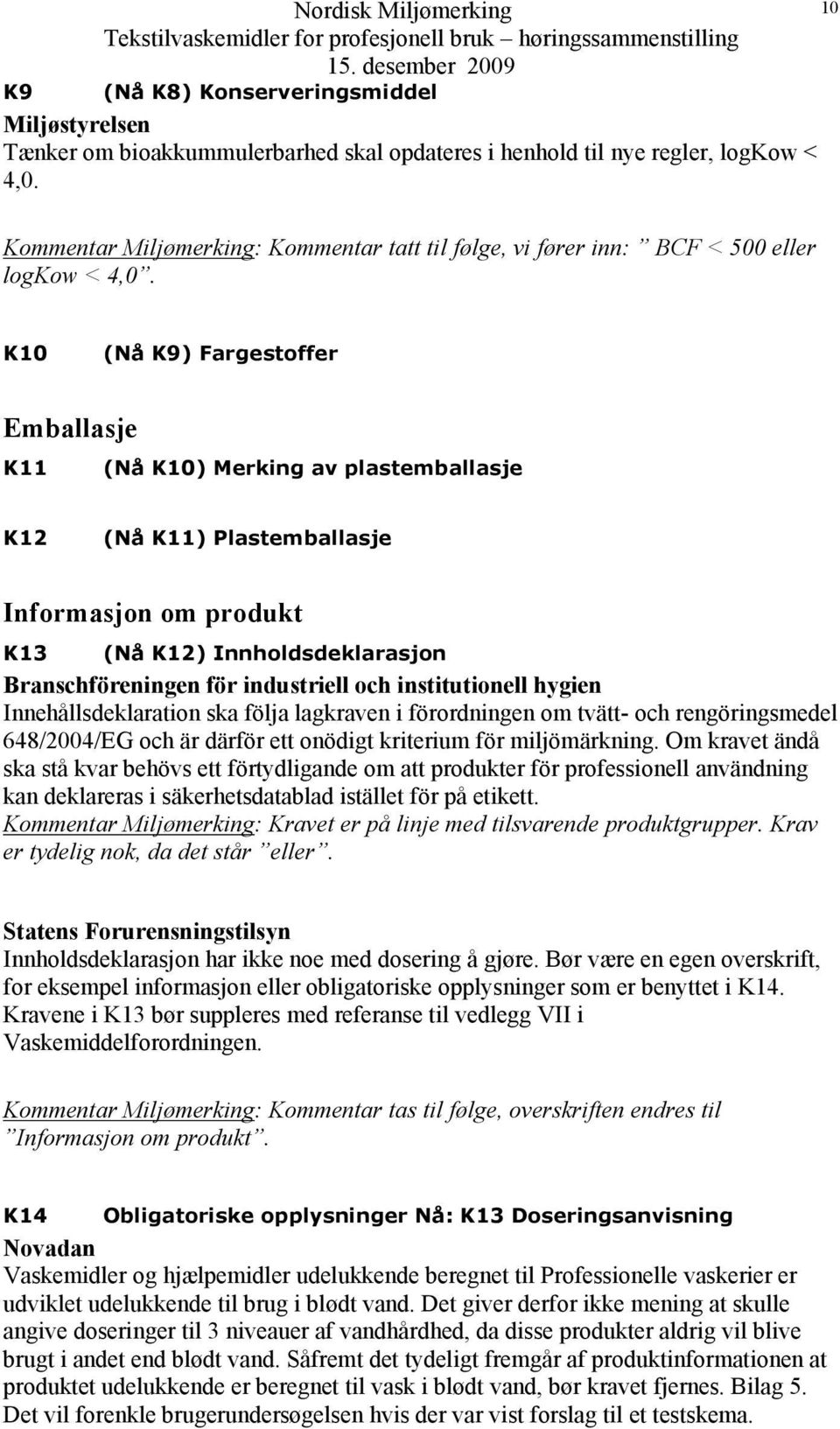 10 K10 (Nå K9) Fargestoffer Emballasje K11 (Nå K10) Merking av plastemballasje K12 (Nå K11) Plastemballasje Informasjon om produkt K13 (Nå K12) Innholdsdeklarasjon Branschföreningen för industriell