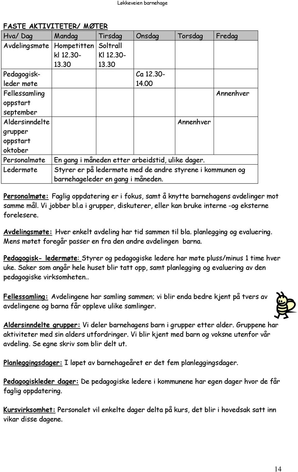 00 Annenhver En gang i måneden etter arbeidstid, ulike dager. Annenhver Styrer er på ledermøte med de andre styrene i kommunen og barnehageleder en gang i måneden.