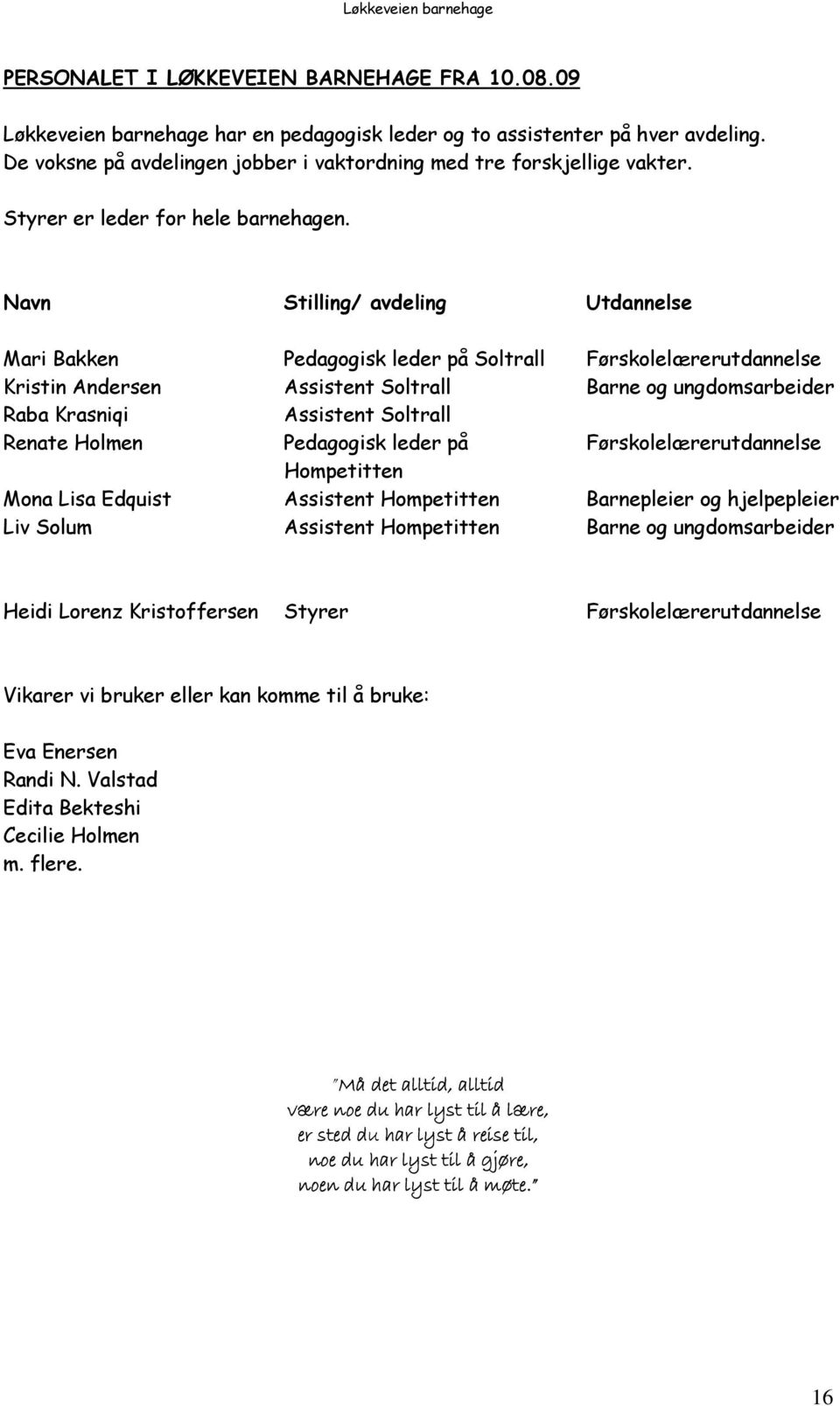 Navn Stilling/ avdeling Utdannelse Mari Bakken Pedagogisk leder på Soltrall Førskolelærerutdannelse Kristin Andersen Assistent Soltrall Barne og ungdomsarbeider Raba Krasniqi Assistent Soltrall