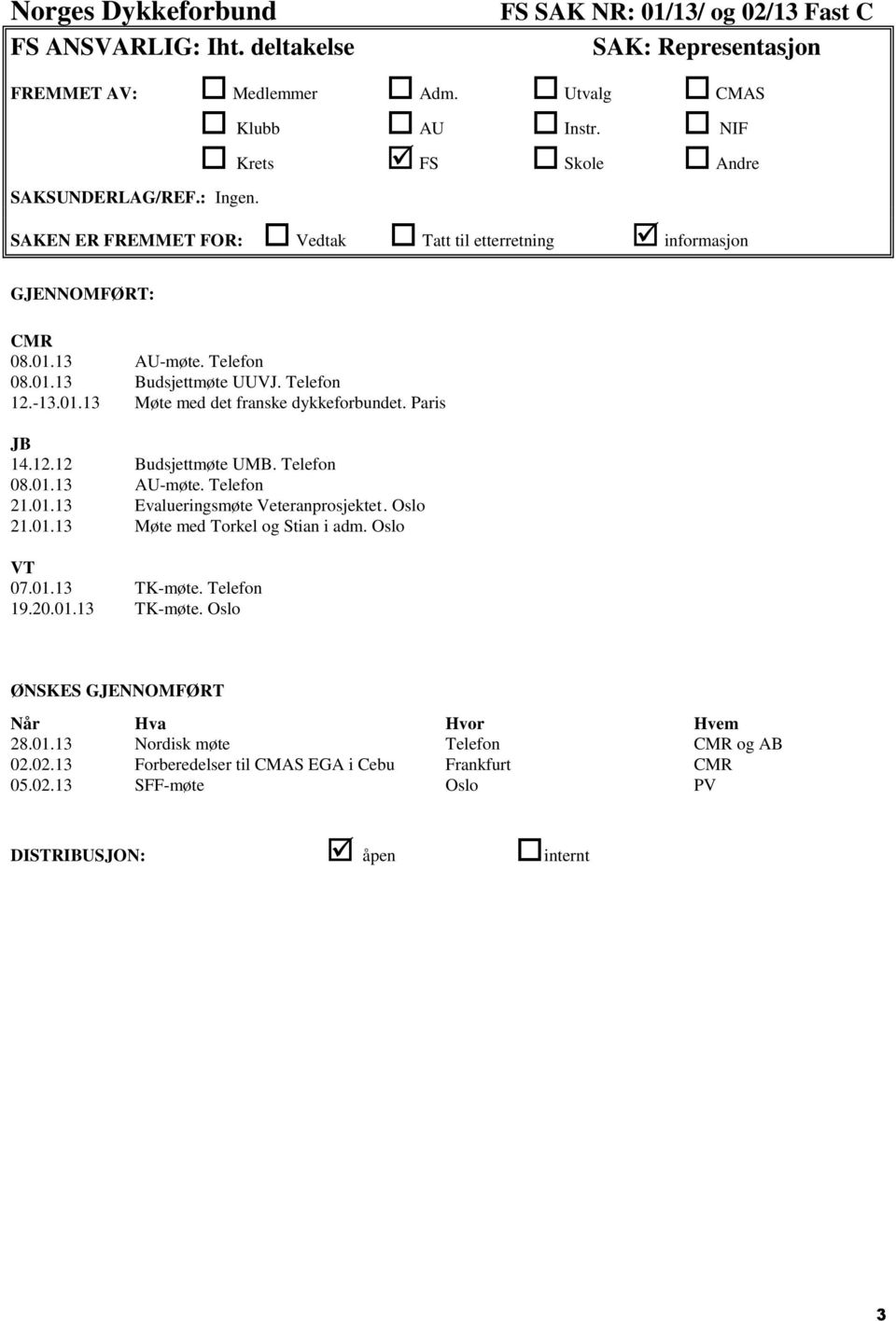 01.13 Evalueringsmøte Veteranprosjektet. Oslo 21.01.13 Møte med Torkel og Stian i adm. Oslo VT 07.01.13 TK-møte. Telefon 19.20.01.13 TK-møte. Oslo ØNSKES GJENNOMFØRT Når Hva Hvor Hvem 28.