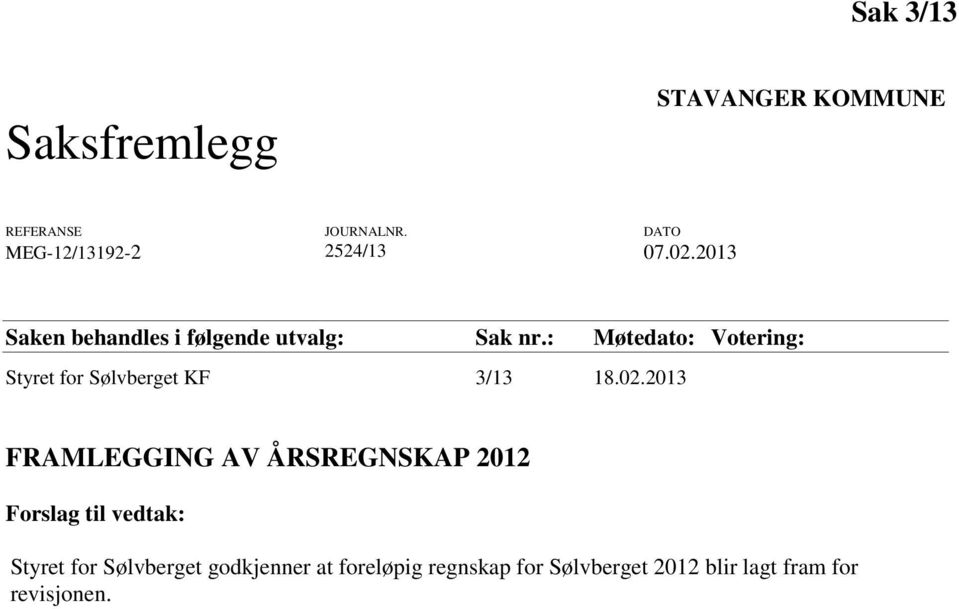: Møtedato: Votering: Styret for Sølvberget KF 3/13 18.02.