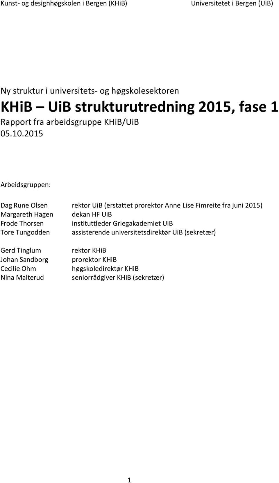 2015 Arbeidsgruppen: Dag Rune Olsen rektor UiB (erstattet prorektor Anne Lise Fimreite fra juni 2015) Margareth Hagen dekan HF UiB Frode Thorsen