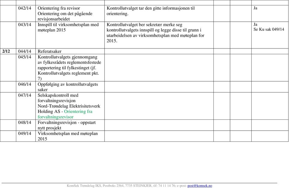 7) 046/14 Oppfølging av kontrollutvalgets saker 047/14 Selskapskontroll med forvaltningsrevisjon Nord-Trøndelag Elektrisitetsverk Holding AS - Orientering fra forvaltningsrevisor 048/14