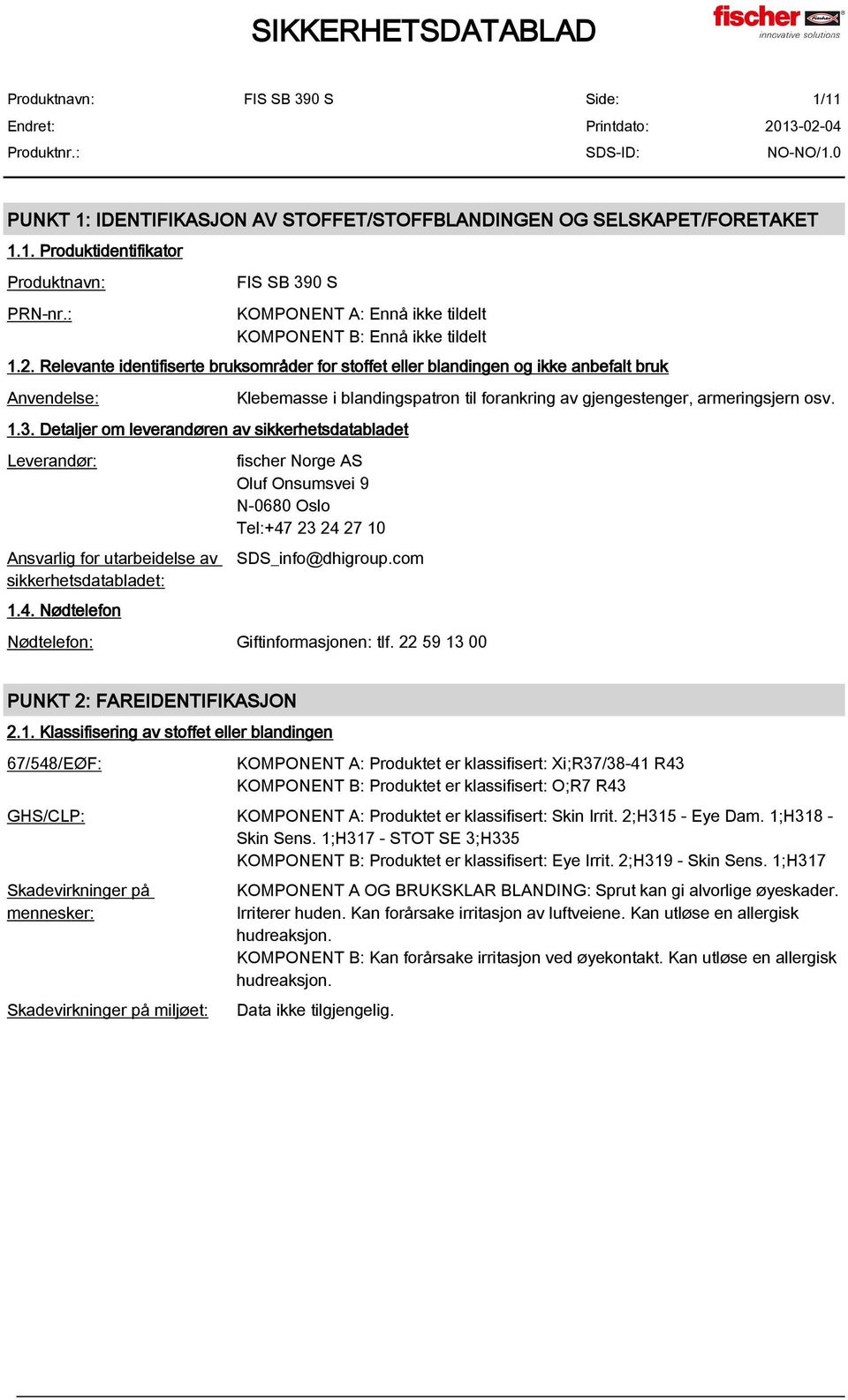 Detaljer om leverandøren av sikkerhetsdatabladet Leverandør: Ansvarlig for utarbeidelse av sikkerhetsdatabladet: 1.4.