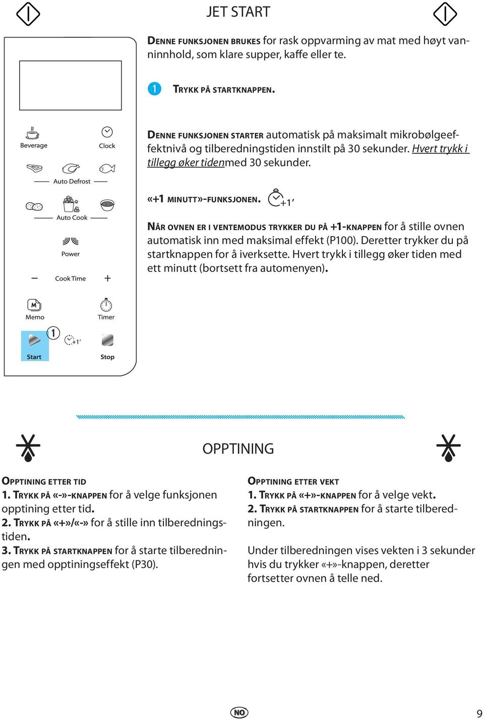 NÅR OVNEN ER I VENTEMODUS TRYKKER DU PÅ +1-KNAPPEN for å stille ovnen automatisk inn med maksimal effekt (P100). Deretter trykker du på startknappen for å iverksette.