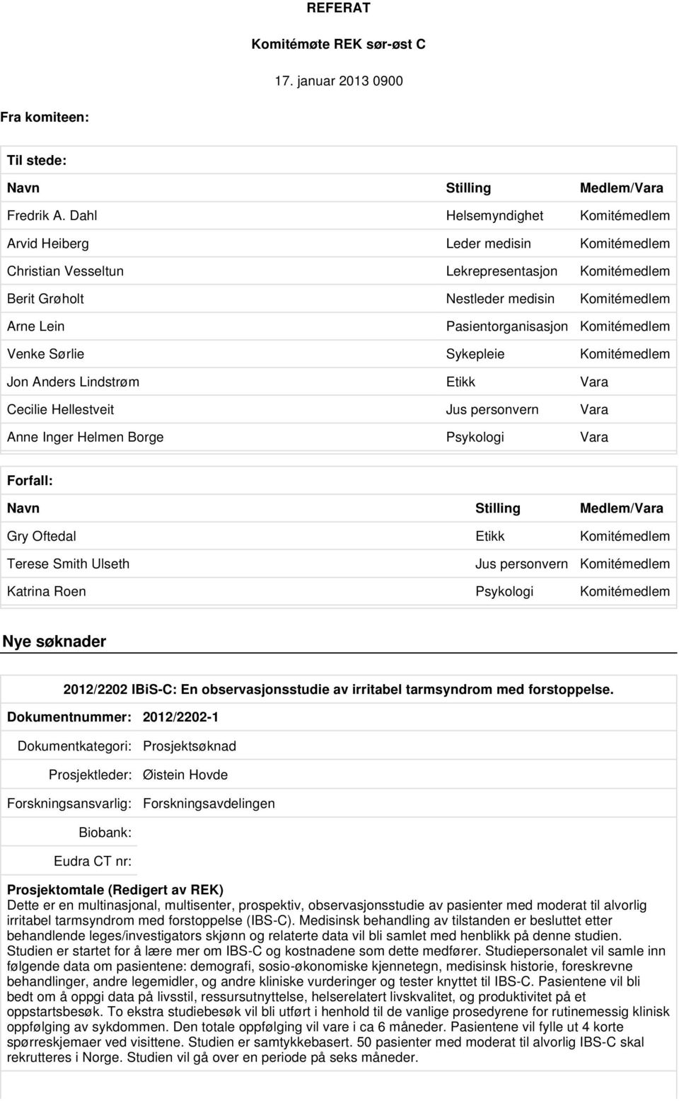 Komitémedlem Venke Sørlie Sykepleie Komitémedlem Jon Anders Lindstrøm Etikk Vara Cecilie Hellestveit Jus personvern Vara Anne Inger Helmen Borge Psykologi Vara Forfall: Navn Stilling Medlem/Vara Gry