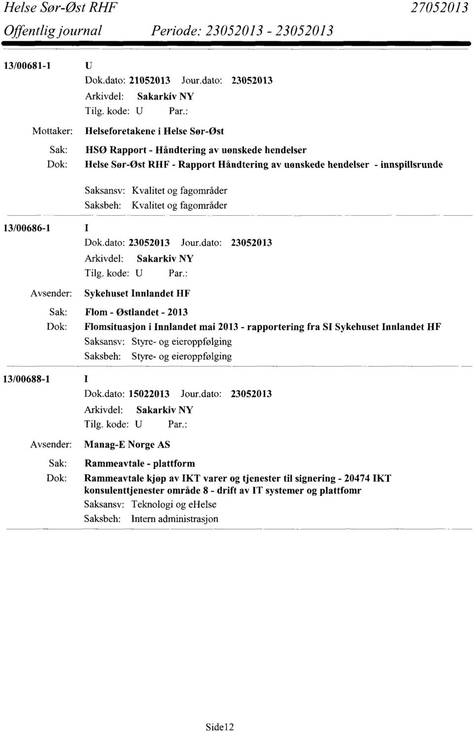 Saksansv: Kvalitet og fagområder Saksbeh: Kvalitet og fagområder 13/00686-1 Sykehuset Inniandet HF Sak: Flom - Østlandet - 2013 Dok: Flomsituasjon i Innlandet mai 2013 - rapportering fra SI Sykehuset