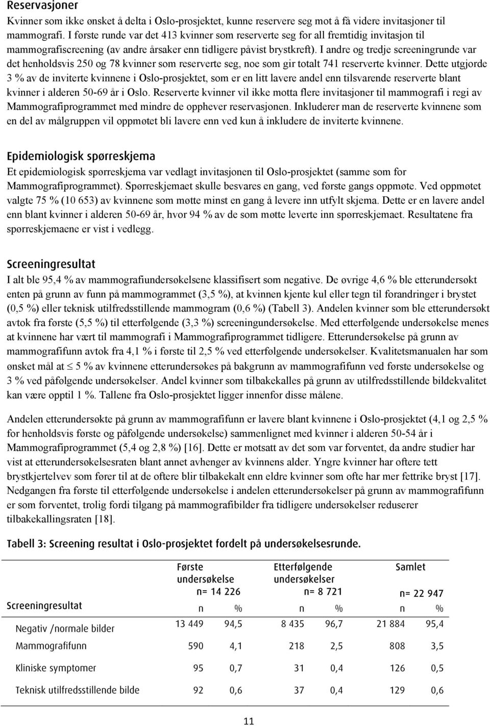 I andre og tredje screeningrunde var det henholdsvis 250 og 78 kvinner som reserverte seg, noe som gir totalt 741 reserverte kvinner.