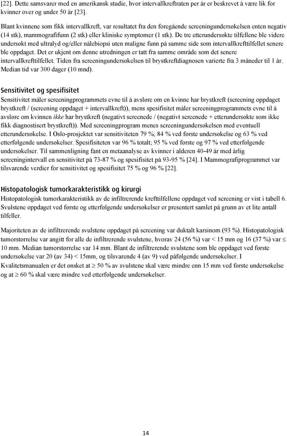 De tre etterundersøkte tilfellene ble videre undersøkt med ultralyd og/eller nålebiopsi uten maligne funn på samme side som intervallkrefttilfellet senere ble oppdaget.