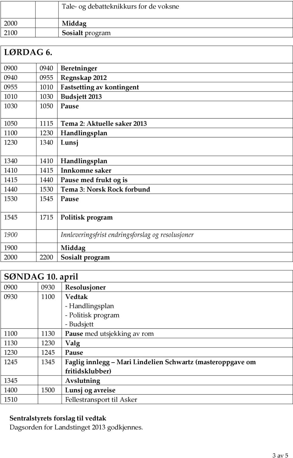 1100 1230 Handlingsplan 1230 1340 Lunsj 1340 1410 Handlingsplan 1410 1415 Innkomne saker 1415 1440 Pause med frukt og is 1440 1530 Tema 3: Norsk Rock forbund 1530 1545 Pause 1545 1715 Politisk