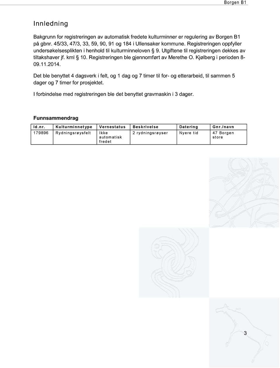 Kjølberg i perioden 8-09. 1 1.201 4. Det ble benyttet 4 dagsverk i felt, og 1 dag og 7 timer til for - og etterarbeid, til sammen 5 d ager og 7 timer for prosjektet.