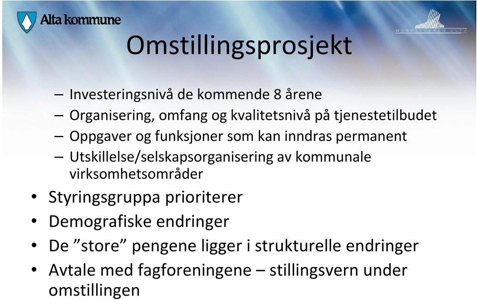 Utskillelse/selskapsorganisering av kommunale virksomhetsområder Styringsgruppa prioriterer