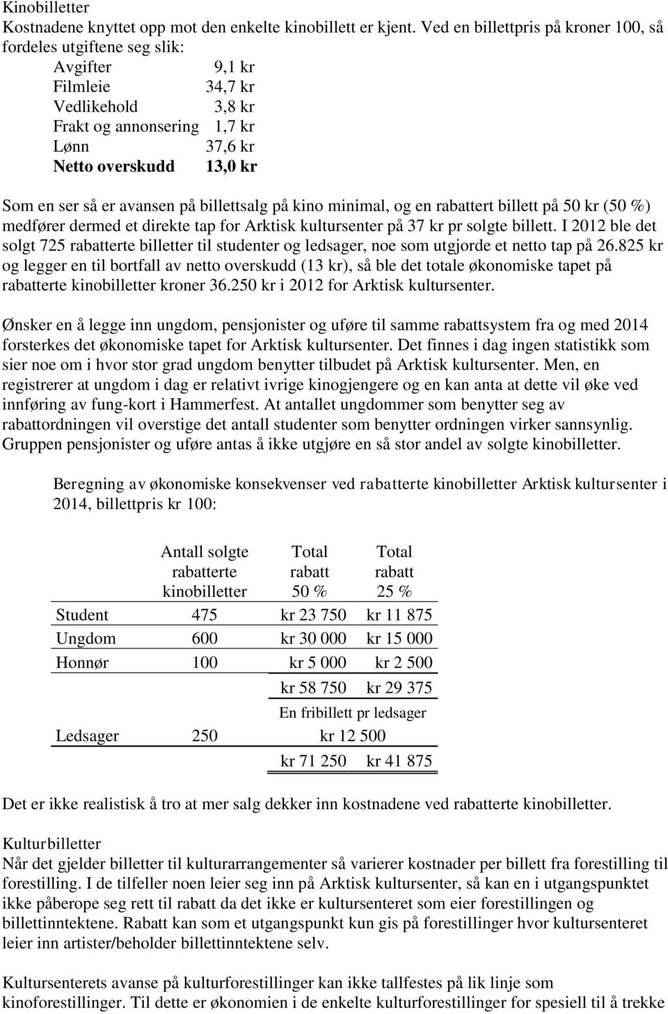 avansen på billettsalg på kino minimal, og en rabattert billett på 50 kr (50 %) medfører dermed et direkte tap for Arktisk kultursenter på 37 kr pr solgte billett.