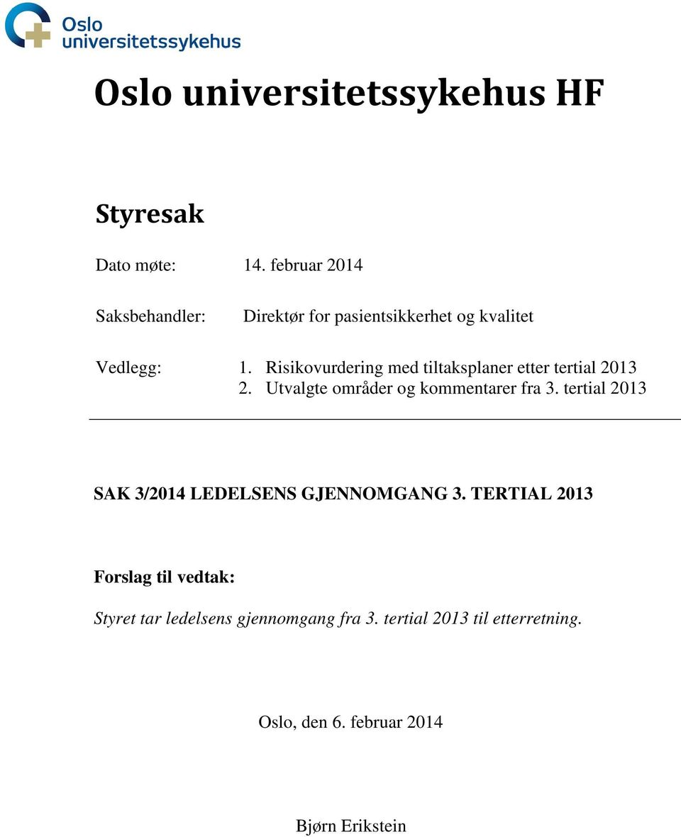 Risikovurdering med tiltaksplaner etter tertial 2013 2. Utvalgte områder og kommentarer fra 3.