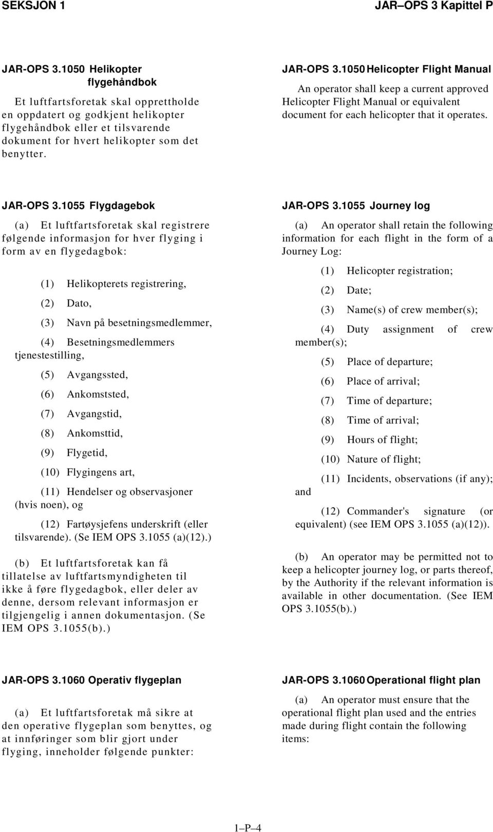 1055 Flygdagebok Et luftfartsforetak skal registrere følgende informasjon for hver flyging i form av en flygedagbok: (1) Helikopterets registrering, (2) Dato, (3) Navn på besetningsmedlemmer, (4)