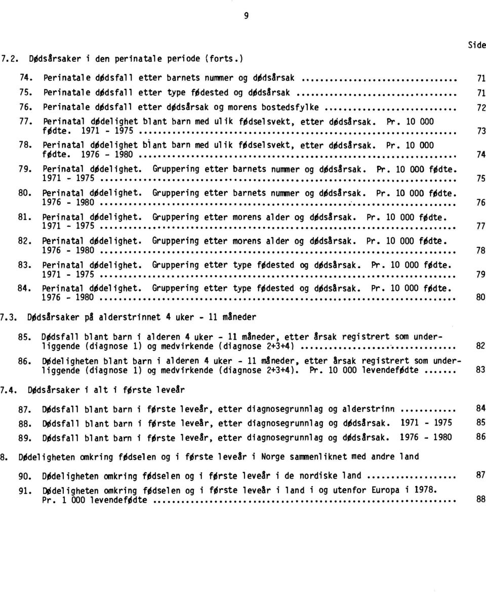 Perinatal dødelighet blant barn med ulik fødselsvekt, etter dødsårsak. Pr. 10 000 fødte. 74 79. Perinatal dødelighet. Gruppering etter barnets nummer og dødsårsak. Pr. 10 000 fødte 75 80.