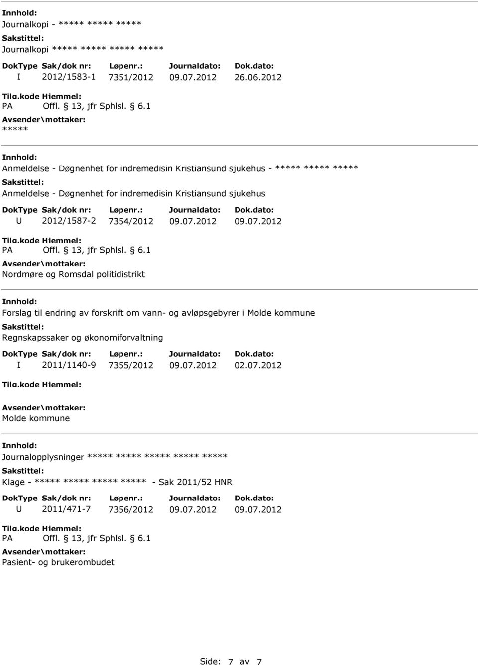 2012/1587-2 7354/2012 Nordmøre og Romsdal politidistrikt Forslag til endring av forskrift om vann- og avløpsgebyrer i Molde kommune Regnskapssaker og