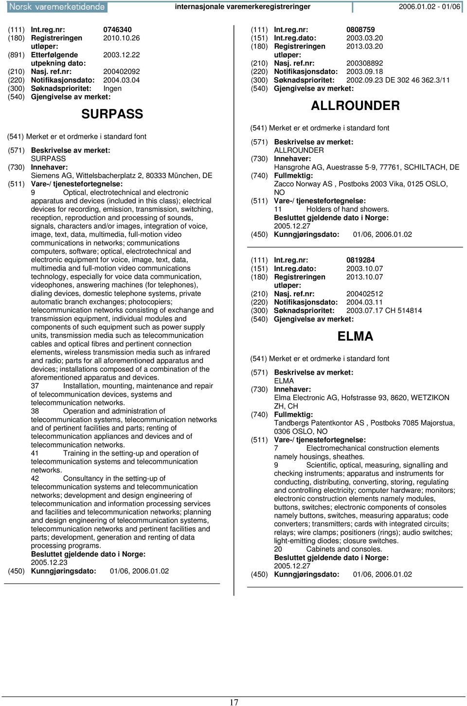 04 (300) Søknadsprioritet: Ingen SURPASS SURPASS Siemens AG, Wittelsbacherplatz 2, 80333 München, DE 9 Optical, electrotechnical and electronic apparatus and devices (included in this class);