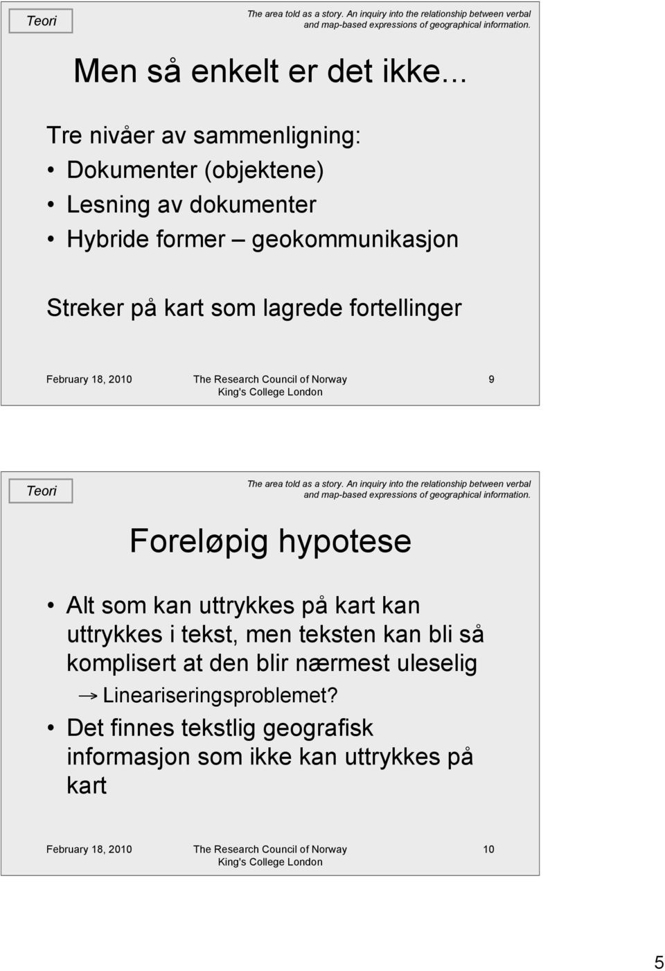 geokommunikasjon Streker på kart som lagrede fortellinger 9 Teori Foreløpig hypotese Alt som kan uttrykkes