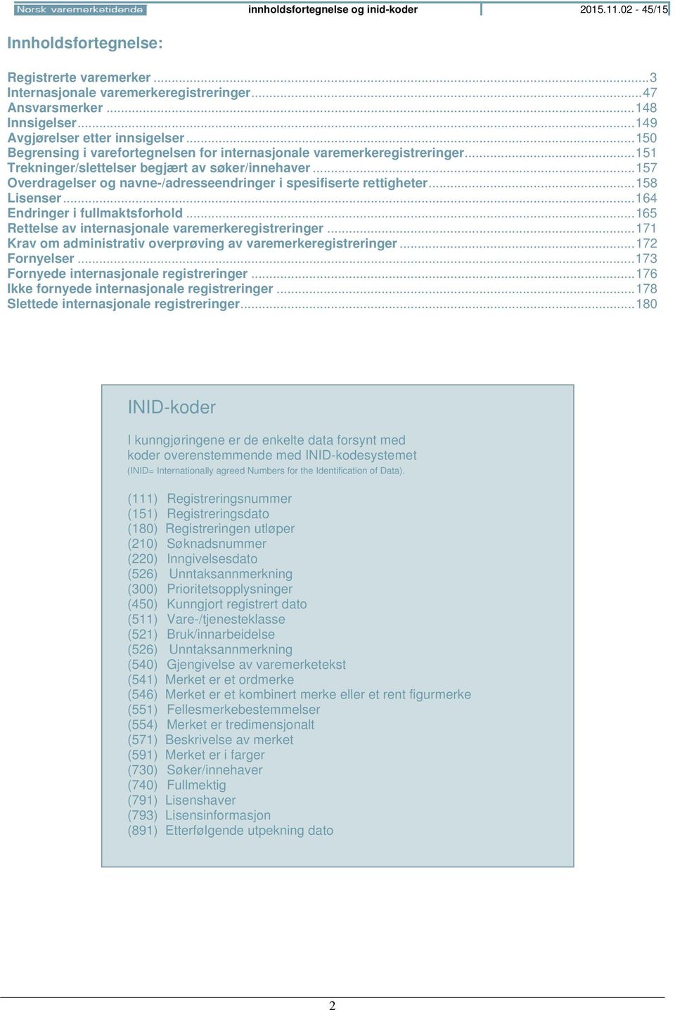 .. 157 Overdragelser og navne-/adresseendringer i spesifiserte rettigheter... 158 Lisenser... 164 Endringer i fullmaktsforhold... 165 Rettelse av internasjonale varemerkeregistreringer.