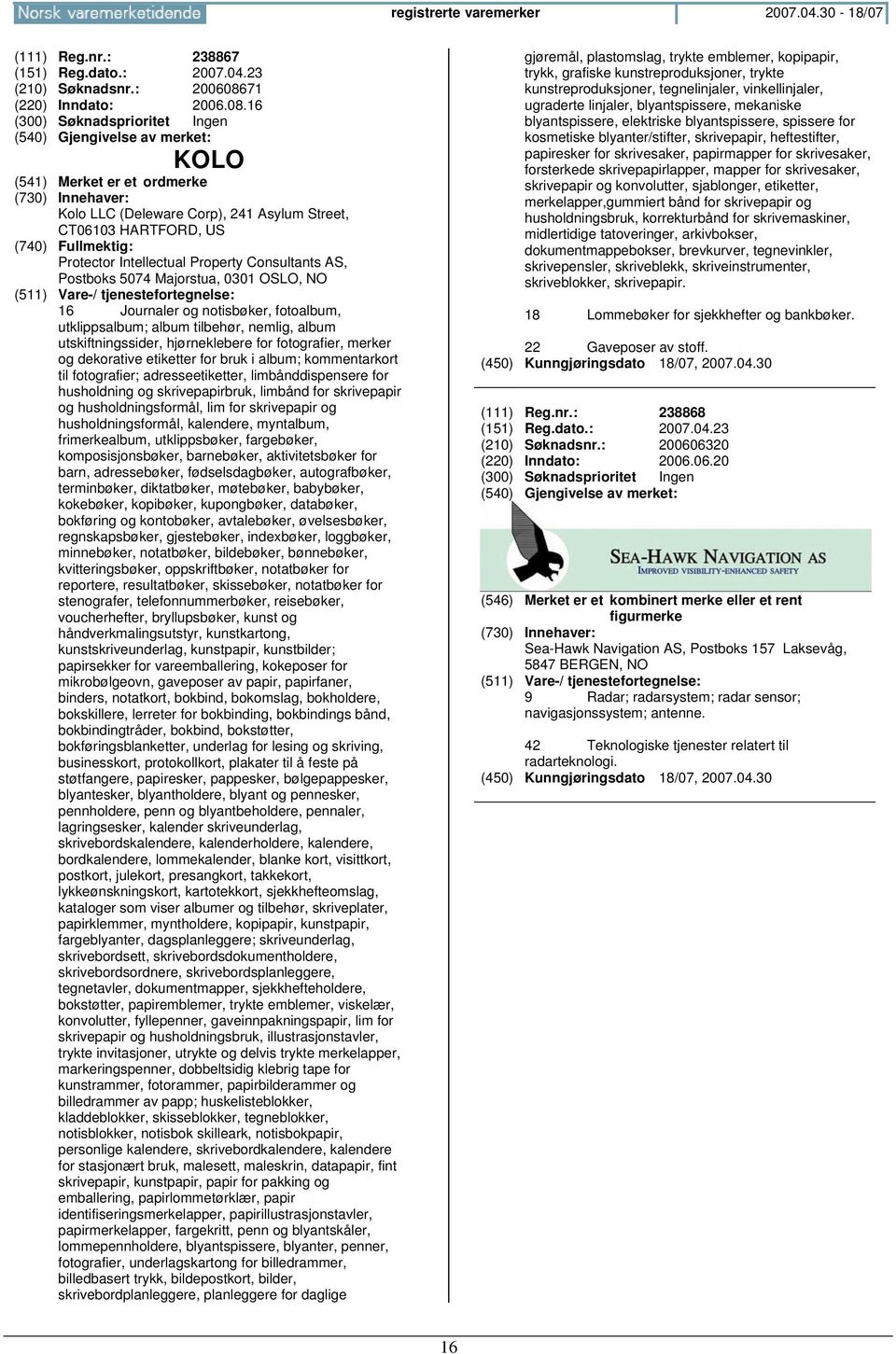 16 KOLO Kolo LLC (Deleware Corp), 241 Asylum Street, CT06103 HARTFORD, US Protector Intellectual Property Consultants AS, Postboks 5074 Majorstua, 0301 OSLO, 16 Journaler og notisbøker, fotoalbum,