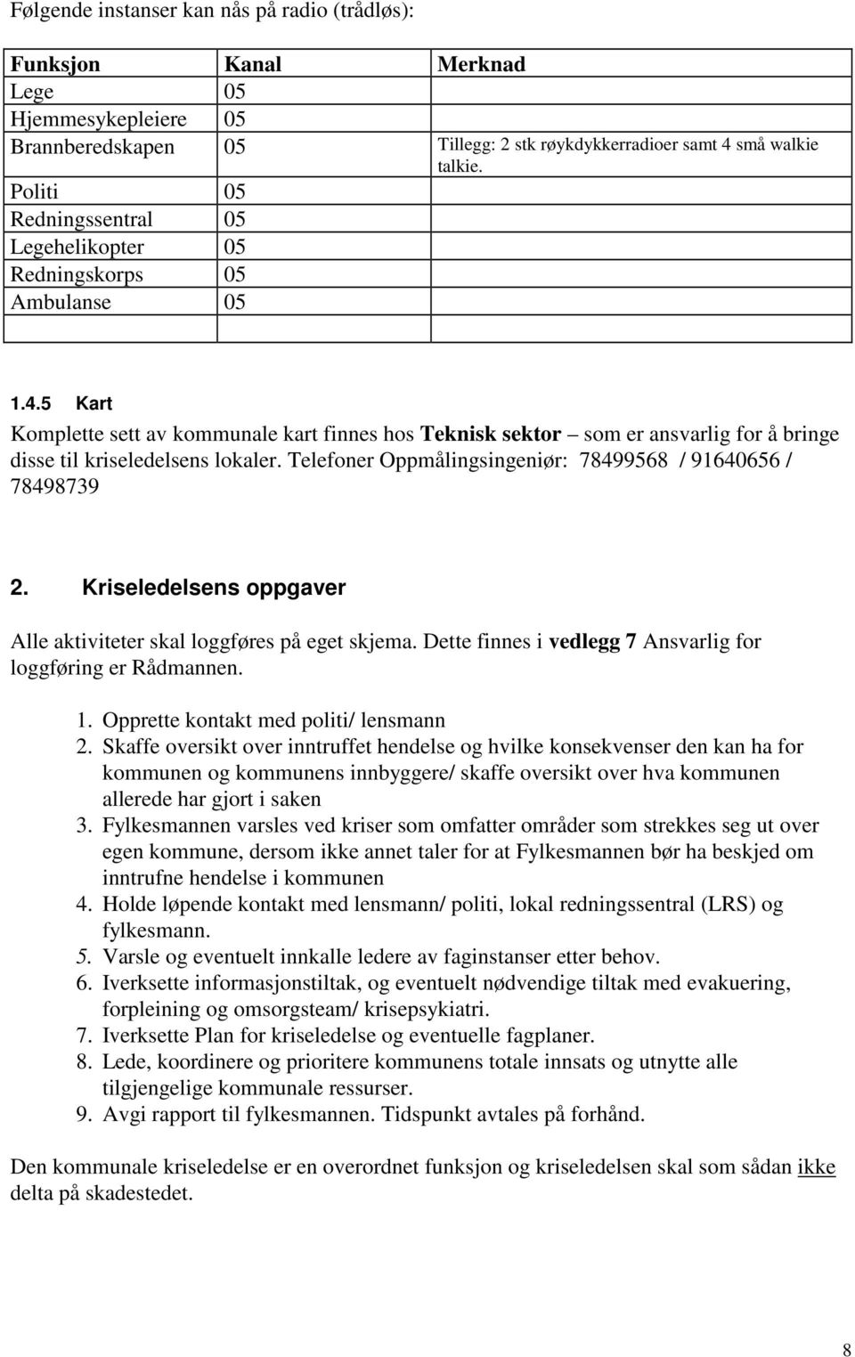 5 Kart Komplette sett av kommunale kart finnes hos Teknisk sektor som er ansvarlig for å bringe disse til kriseledelsens lokaler. Telefoner Oppmålingsingeniør: 78499568 / 91640656 / 78498739 2.