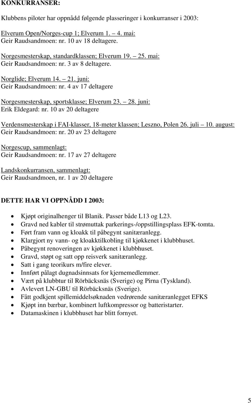 4 av 17 deltagere Norgesmesterskap, sportsklasse; Elverum 23. 28. juni: Erik Eldegard: nr. 10 av 20 deltagere Verdensmesterskap i FAI-klasser, 18-meter klassen; Leszno, Polen 26. juli 10.