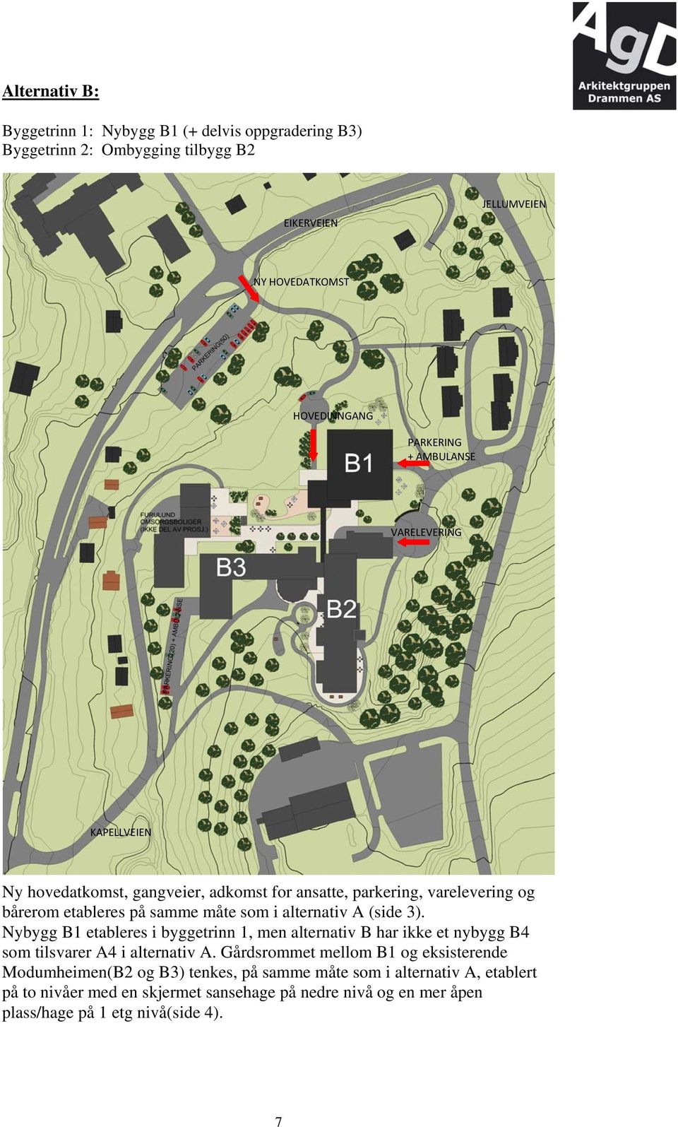 (side 3). Nybygg B1 etableres i byggetrinn 1, men alternativ B har ikke et nybygg B4 som tilsvarer A4 i alternativ A.