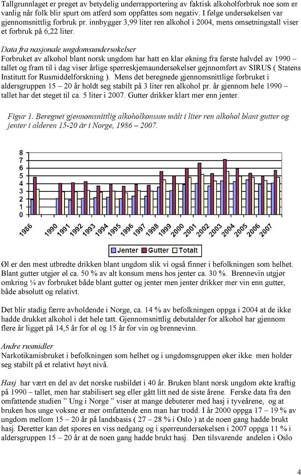Data fra nasjonale ungdomsundersøkelser Forbruket av alkohol blant norsk ungdom har hatt en klar økning fra første halvdel av 1990 tallet og fram til i dag viser årlige spørreskjemaundersøkelser