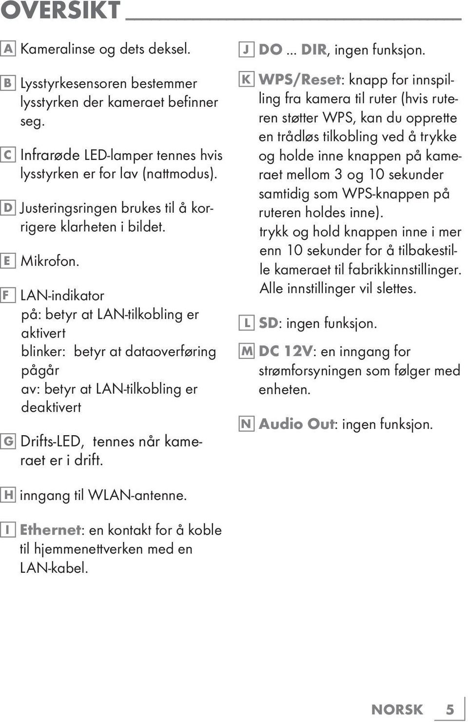 F LAN-indikator på: betyr at LAN-tilkobling er aktivert blinker: betyr at dataoverføring pågår av: betyr at LAN-tilkobling er deaktivert G Drifts-LED, tennes når kameraet er i drift. J DO.