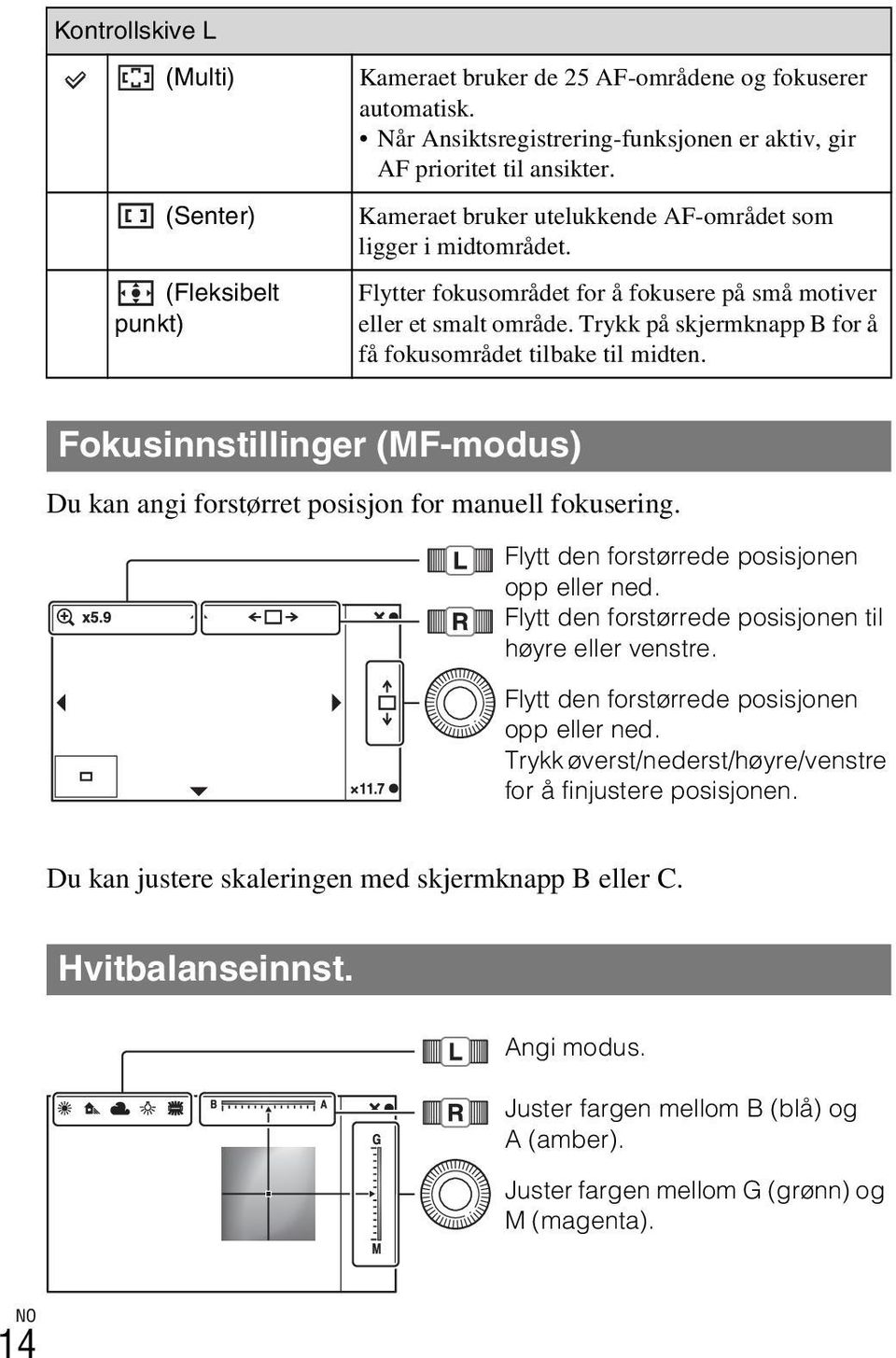 Trykk på skjermknapp B for å få fokusområdet tilbake til midten. Fokusinnstillinger (MF-modus) Du kan angi forstørret posisjon for manuell fokusering. Flytt den forstørrede posisjonen opp eller ned.