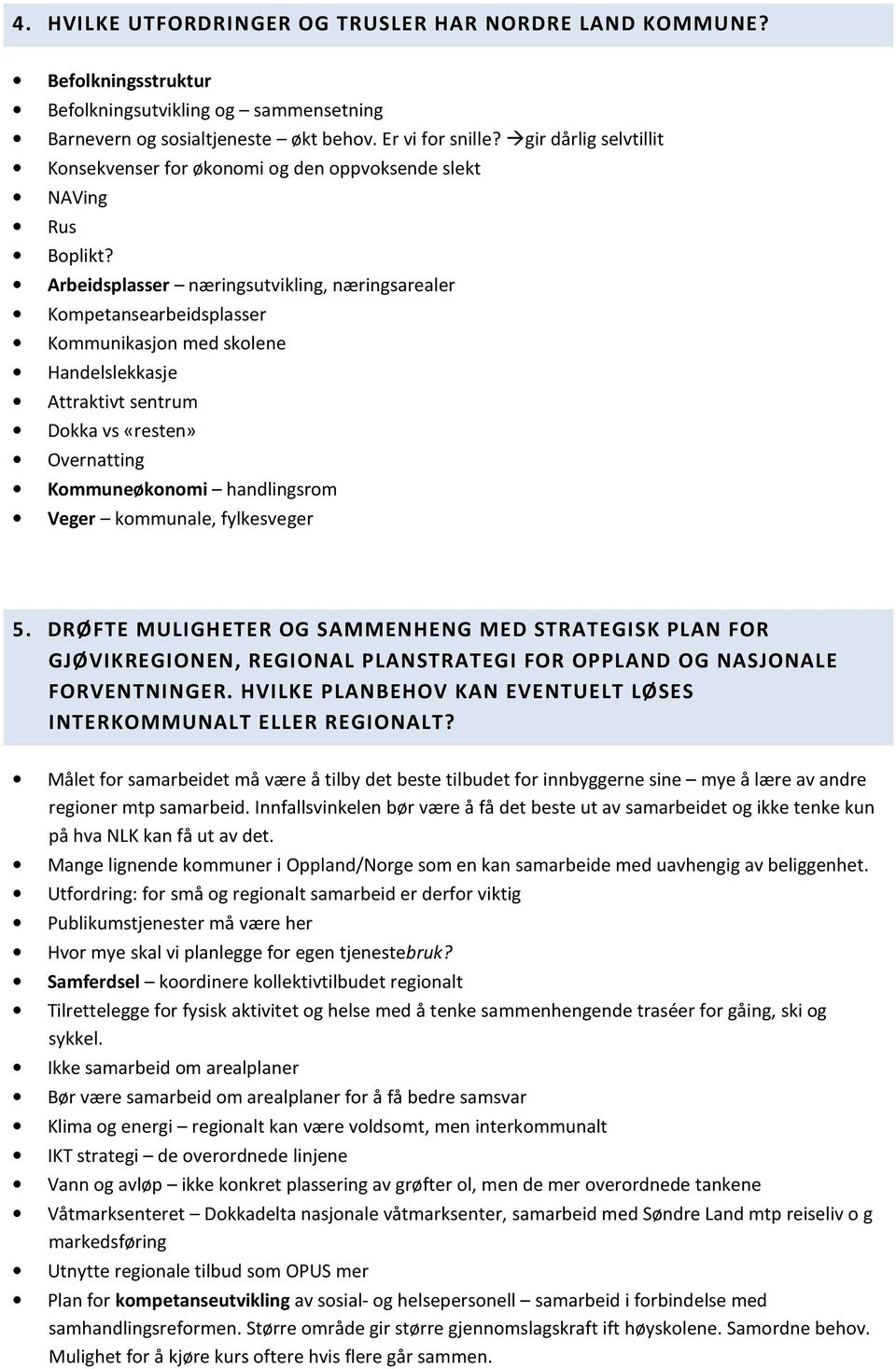 Arbeidsplasser næringsutvikling, næringsarealer Kompetansearbeidsplasser Kommunikasjon med skolene Handelslekkasje Attraktivt sentrum Dokka vs «resten» Overnatting Kommuneøkonomi handlingsrom Veger