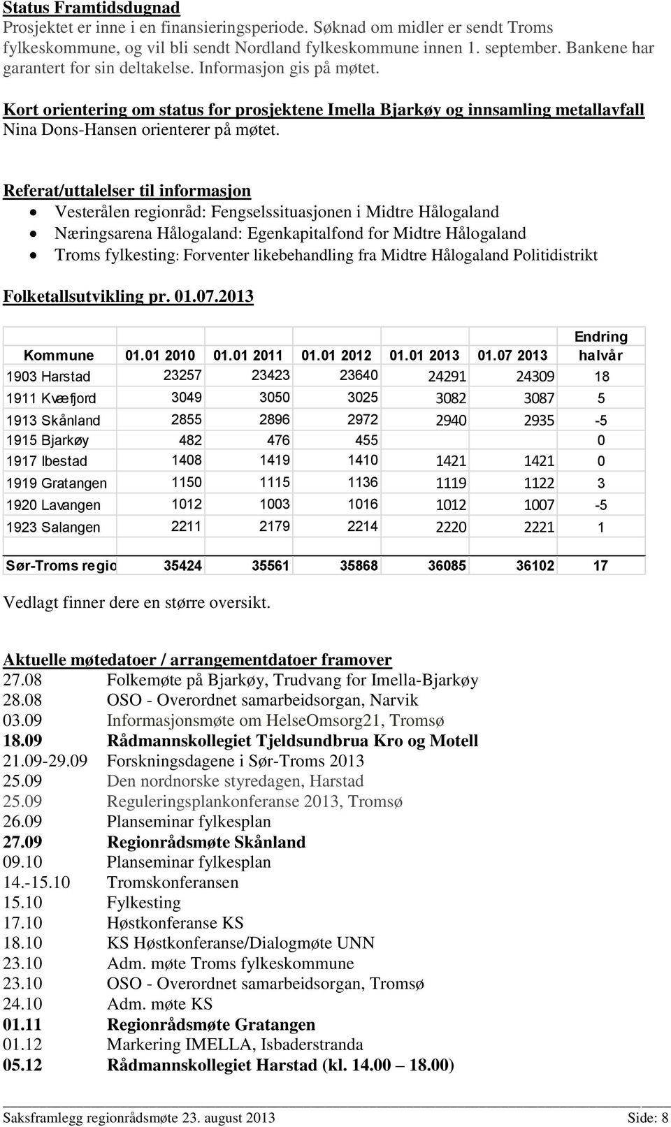 Referat/uttalelser til informasjon Vesterålen regionråd: Fengselssituasjonen i Midtre Hålogaland Næringsarena Hålogaland: Egenkapitalfond for Midtre Hålogaland Troms fylkesting: Forventer