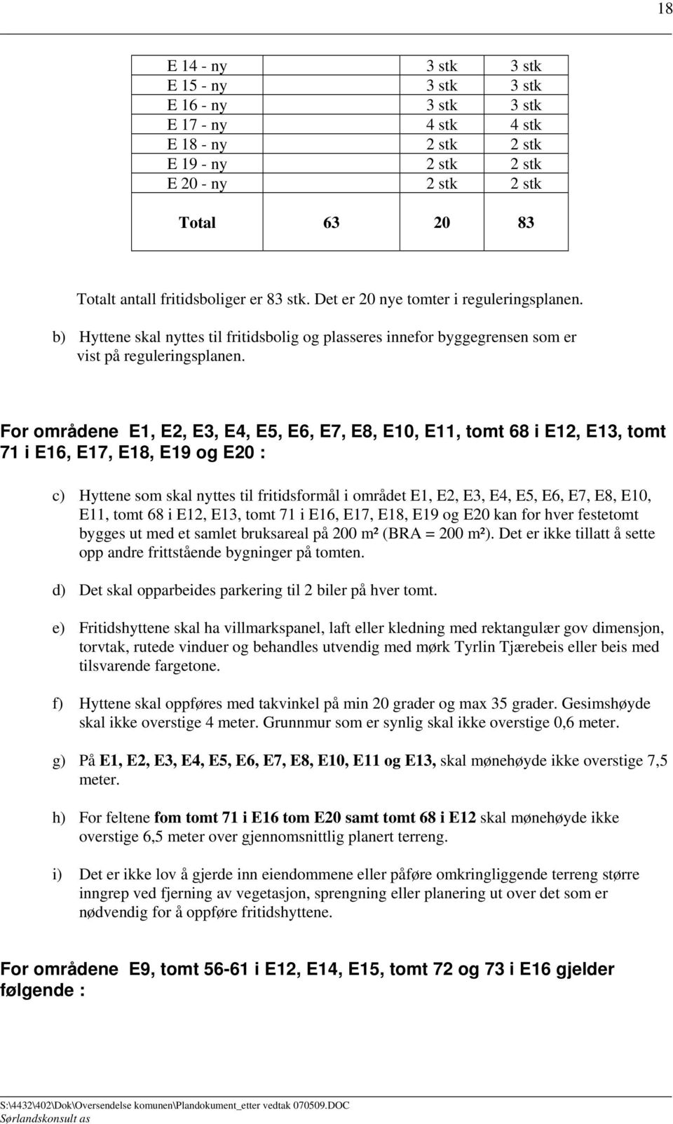 For områdene E1, E2, E3, E4, E5, E6, E7, E8, E10, E11, tomt 68 i E12, E13, tomt 71 i E16, E17, E18, E19 og E20 : c) Hyttene som skal nyttes til fritidsformål i området E1, E2, E3, E4, E5, E6, E7, E8,