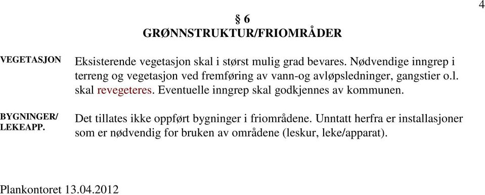 Nødvendige inngrep i terreng og vegetasjon ved fremføring av vann-og avløpsledninger, gangstier o.l. skal revegeteres.