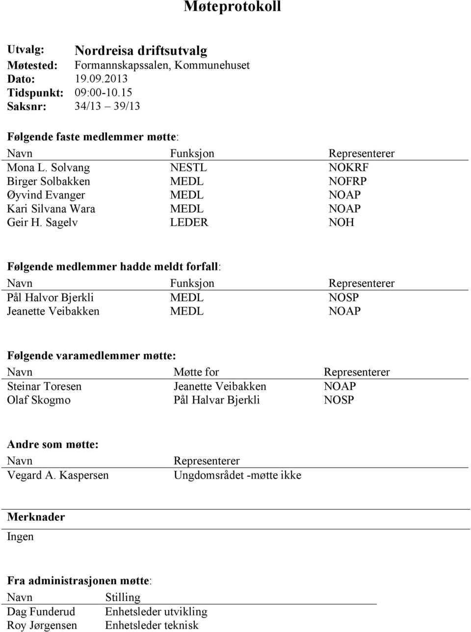 Sagelv LEDER NOH Følgende medlemmer hadde meldt forfall: Navn Funksjon Representerer Pål Halvor Bjerkli MEDL NOSP Jeanette Veibakken MEDL NOAP Følgende varamedlemmer møtte: Navn Møtte for