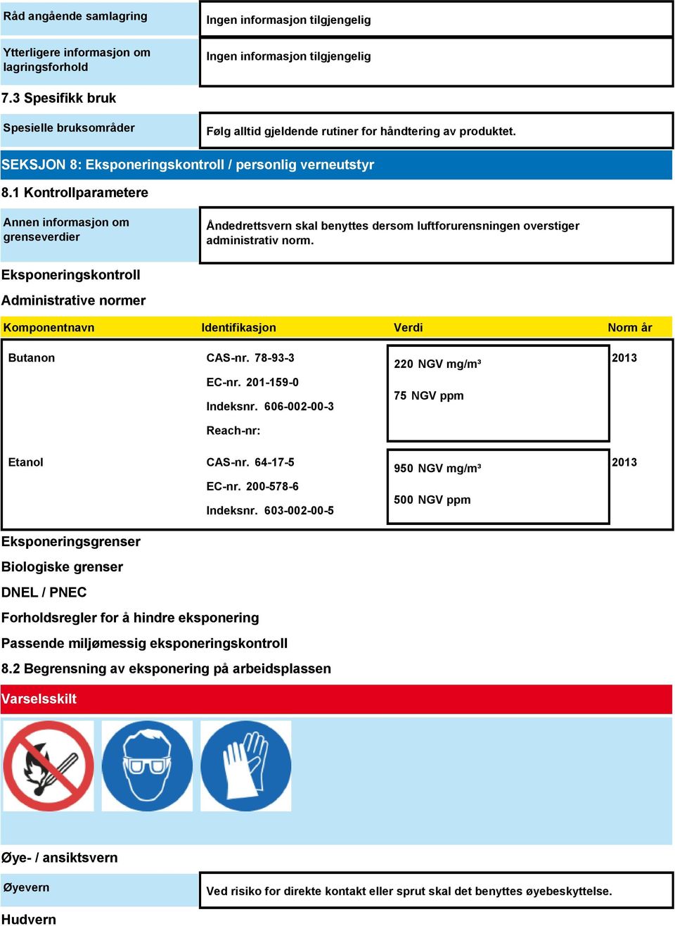 Eksponeringskontroll Administrative normer Komponentnavn Identifikasjon Verdi Norm år Butanon CAS-nr. 78-93-3 EC-nr. 201-159-0 Indeksnr.