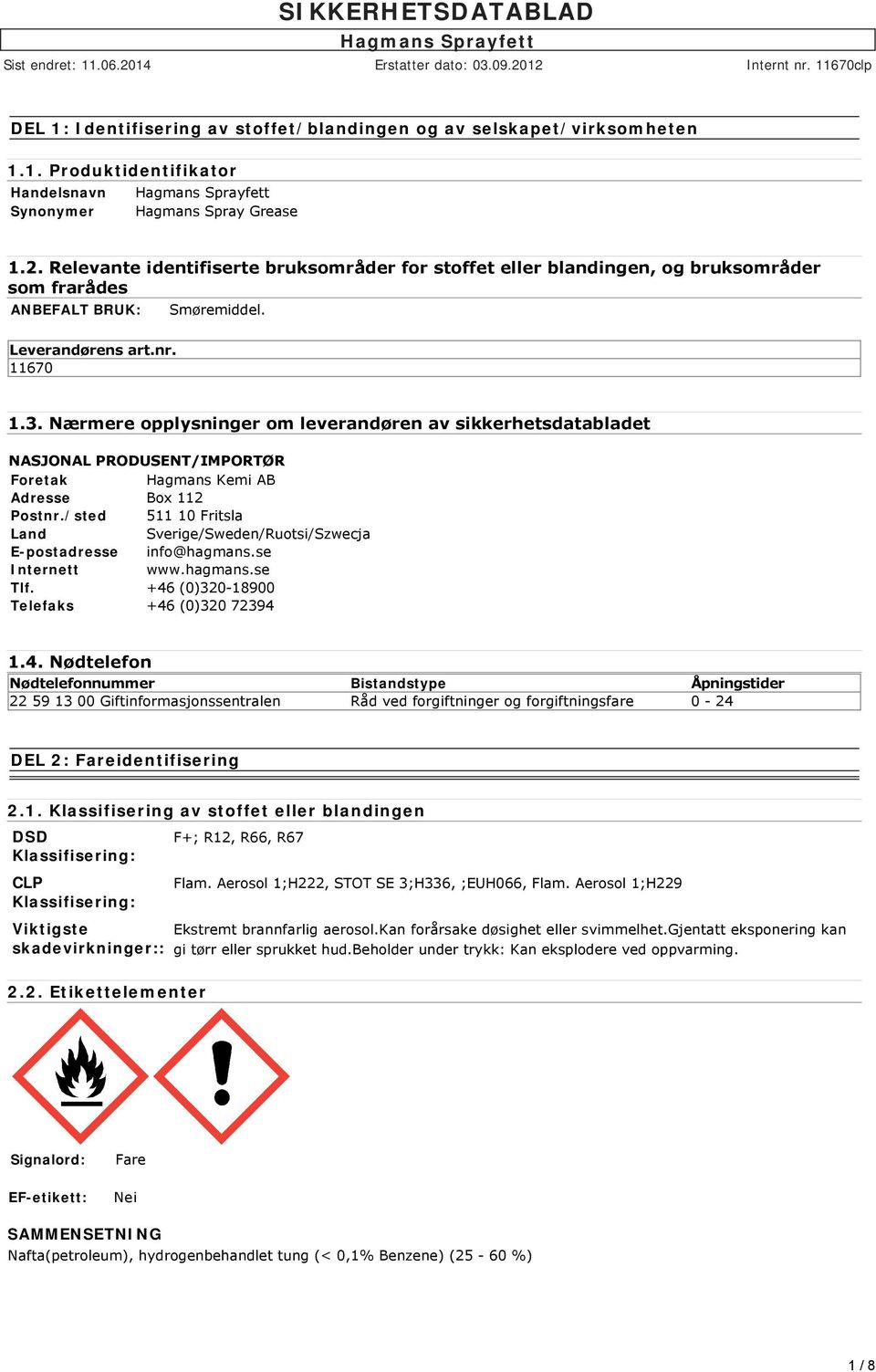 Nærmere opplysninger om leverandøren av sikkerhetsdatabladet NASJONAL PRODUSENT/IMPORTØR Foretak Hagmans Kemi AB Adresse Box 112 Postnr.